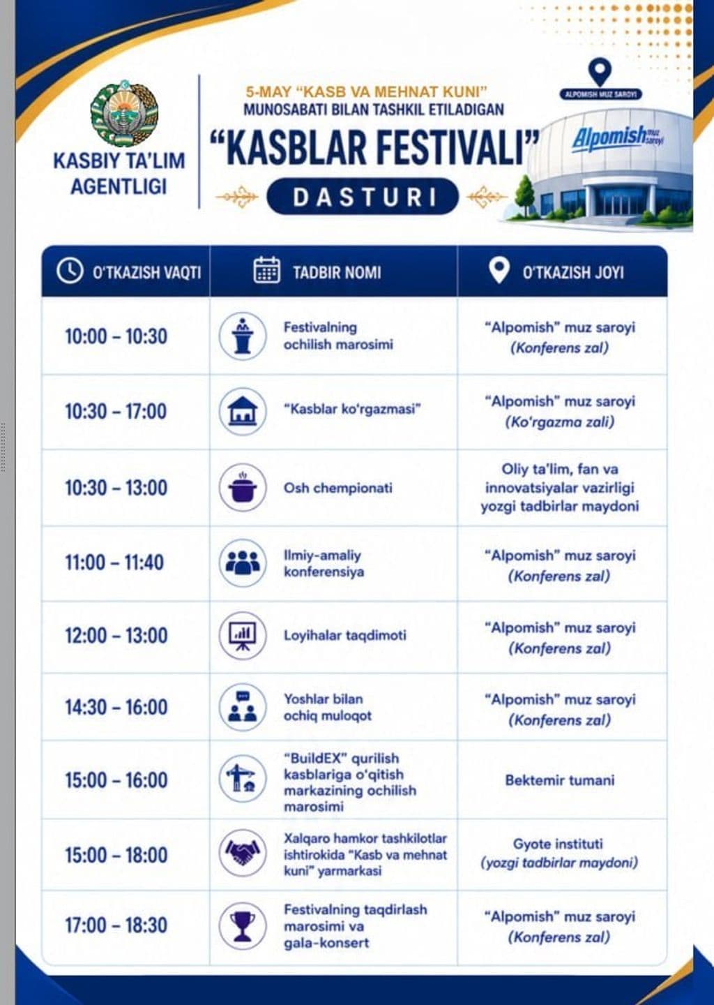 ️Kasbiy ta’lim agentligi tomonidan 5-may — “Kasb va mehnat kuni” munosabati bilan tashkil etilayotgan “Kasblar festivali”ning batafsil dasturi bilan tanishing